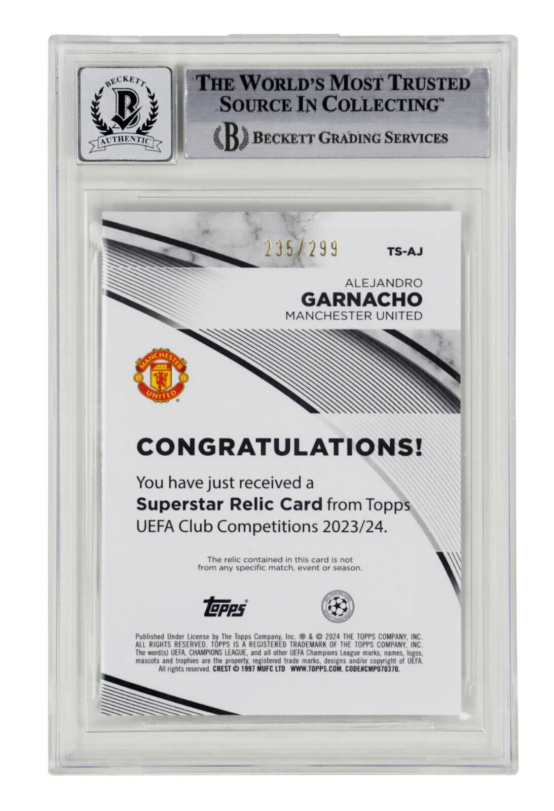 Alejandro Garnacho Signed 2023-24 Topps UCC Superstar Relics /299 – BGS 10